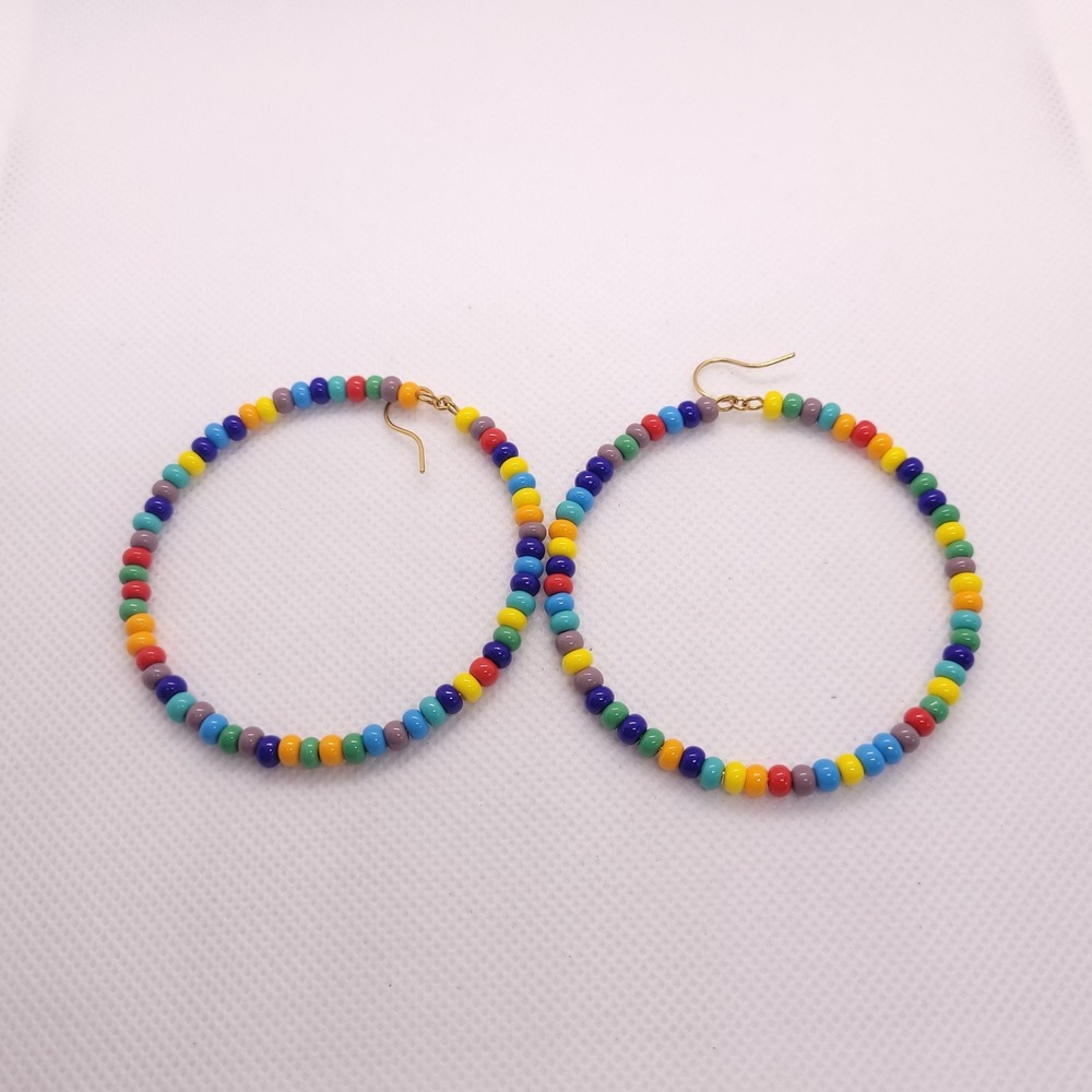 Rainbow Seed Bead Hoop Earrings 60mm Multicolor Oversized Statement Boho